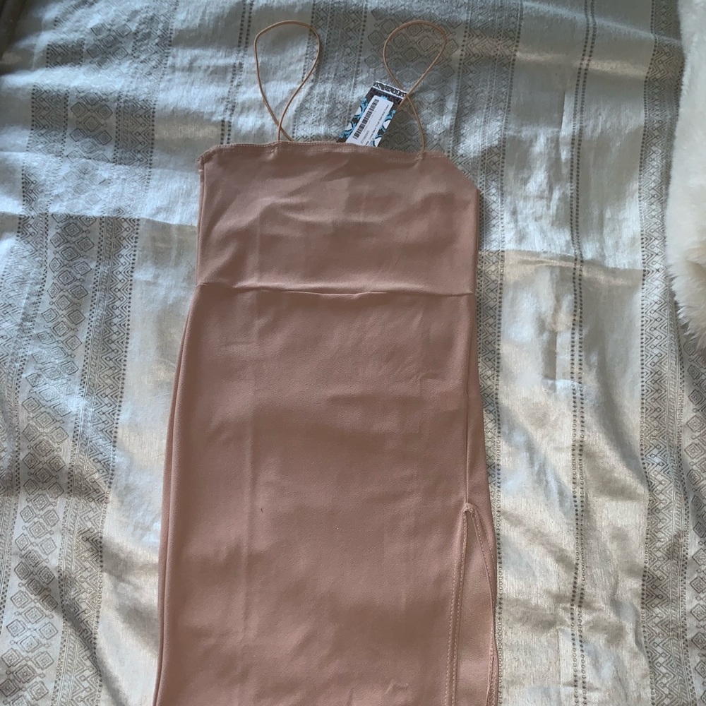 Boohoo Nude Midi Dress with Thigh High Slit